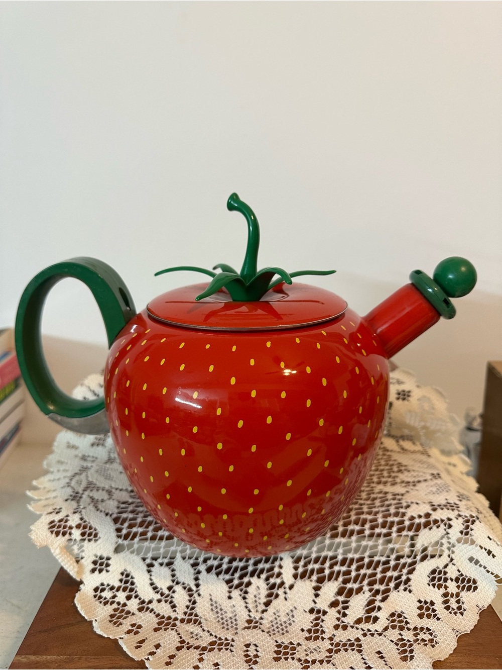 Strawberry-Shaped Red Teapot with Green Accents - Home Kitchen
